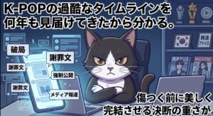 K-POPアイドルの過酷な熱愛報道や破局のタイムラインを長年目撃してきたアトリエ猫が、その経験を元にとき宣の美しい完結と決断の重さを読み解くイラスト。「K-POPの過酷なタイムラインを何年も見届けてきたから分かる」等のテキストを含む。