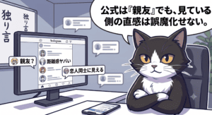 ユ・アインと同性友人の親密写真に対し、公式の『親友』という説明と『恋人同士に見える』という世間の反応のギャップを冷静に分析する白黒タキシードのアトリエ猫の単一コマ漫画。「公式は親友でも見ている側の直感は誤魔化せない」というセリフで距離感への違和感を独自解説。