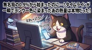「無名局の0.9％から始まったのに…！タイムラインが一瞬でヨンウ一色に染まったあの熱量は本物だった！」と語るアトリエ猫。ウ・ヨンウ弁護士は天才肌の視聴率急上昇とSNSの熱狂を、リアルタイムで体感した筆者の経験として伝えるイラスト。