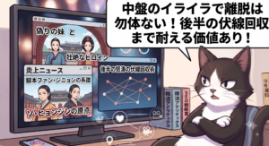王の娘スベクヒャンの中盤で離脱しそうな読者へ、アトリエ猫が伏線回収とソ・ヒョンジンの演技力を理由に「後半までの保留」をアドバイスするイラスト。打ち切り評価に惑わされず完走を勧める独自視点を表現。