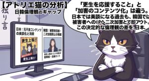 Netflix「ラヴ上等」法務省コラボ炎上を受け、元不良の更生を美談化する日本と、過去の加害を二次加害として即降板・全編カットする韓国エンタメの倫理観の違いを分析するアトリエ猫の単一パネル漫画。