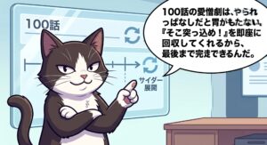 韓国ドラマ「女王の家」の評価を語るアトリエ猫のイラスト。 全100話の長編愛憎劇でもやられっぱなしにならず、「そこ突っ込め！」を即座に回収するサイダー展開があるため胃が痛くならず完走できるという筆者の独自経験と視聴実感を解説しています。
