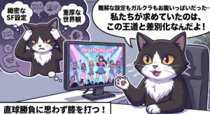 第4世代の重厚な世界観に食傷気味だった筆者が、Hearts2Heartsのステージを観て「難解な設定もガルクラもお腹いっぱいだった、私たちが求めていたのはこの王道と差別化なんだよ」と思わず膝を打つアトリエ猫の漫画。