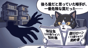 105億ウォンの保証金と73億ウォンのローン契約書を手に青ざめるアトリエ猫のイラスト。イ・スンギのチョンセ詐欺被害から見る、信頼していたビジネスパートナーの裏切りと盲信が招くリスク管理の重要性を視覚化。