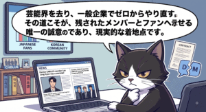 元CNBLUEイ・ジョンヒョンの近況告白に対し、過去の不祥事やグループの歴史をリアルタイムで追ってきた筆者の分身（アトリエ猫）が、復帰否定の妥当性と一般人として生きる道について冷静に分析する解説イラスト。