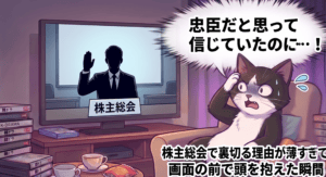 ドラマ『財閥家の末息子』の株主総会でイ・ハンジェが突如見せた裏切りに絶望し、テレビの前で頭を抱える白黒タキシード猫。忠臣だったキャラの唐突な転落と動機の薄さに困惑した、筆者独自のリアルな視聴体験を表現したイラスト。