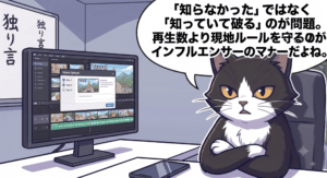 「知らなかった」ではなく「知っていて破る」のが問題。再生数より現地ルールを守るのがインフルエンサーのマナーだと訴えるアトリエ猫。北海道の混浴温泉での撮影禁止ルール無視と炎上問題に対し、インフルエンサー倫理の重要性を解説するイラスト。