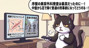 韓国ドラマ「フェイスミー」を全話視聴した白黒タキシード猫が、テレビの傷跡プロファイリングと普通の刑事劇の対比を見ながら「序盤の美容外科捜査は最高だったのに中盤から足で稼ぐ刑事劇になってどうする」と惜しい失速感をぼやく漫画イラスト。