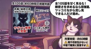 韓国ドラマ『復讐の花束をあなたに』の視聴判断を示す白黒タキシード猫の漫画。全105話・約60時間の長編に対し、サヴァン検事の覚醒は痛快な一方、悪女による中盤のさつまいも展開で挫折しないよう、緻密さを求めずツッコミ流し見を推奨する独自アドバイス。