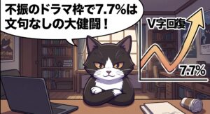 不振のKBSドラマ枠で最高視聴率7.7％へとV字回復させた愛する盗賊様よの興行を、文句なしの大健闘と腕組みをして称えるアトリエ猫のイラスト。数字の推移と主演陣の牽引力をリアタイ完走して独自分析した筆者の経験を表現。