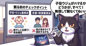 白黒タキシード柄のアトリエ猫が「子役ウジュがハマるかどうかがすべて、無理して観なくてもいい」と解説する1コマ漫画。ドラマ「宇宙をあげる」の評価の分かれ道として、恋愛刺激派より癒やし重視派に向いているという筆者の独自経験を表現。