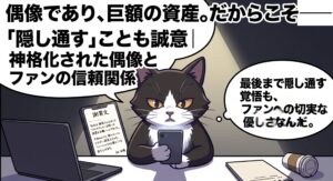 スマホの謝罪文を見つめ「隠し通すことも誠意」と分析する白黒タキシード柄のアトリエ猫の漫画。神格化された偶像であり巨額の資産となった現代K-POPにおいて、最後まで隠す覚悟こそがファンへの切実な優しさであると考察する様子。