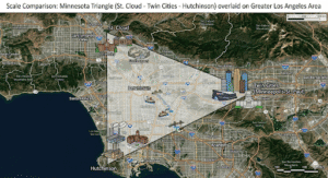 A satellite map of the Greater Los Angeles area with a large, semi-transparent triangle overlaid. The triangle's corners are labeled St. Cloud, Twin Cities, and Hutchinson, with various illustrated icons of landmarks placed within the Minnesota shape.
