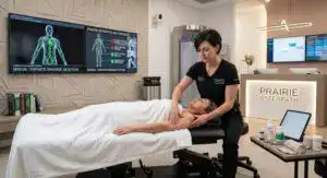 Therapist performing manual lymphatic drainage at prairie osteopath and massage therapy clinic Regina SK