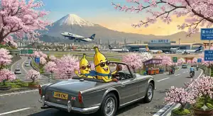 静岡空港まわりのルートを紹介するバナナ君とバナコ