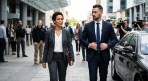 Executive walking out of an office building with protection agents nearby