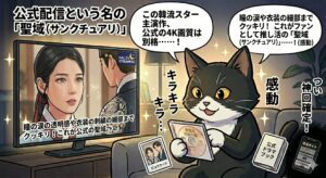 公式プラットフォームによる高品質な視聴体験を視覚化した画像。4K映像の透明感と正確な翻訳に満足するアトリエ猫の姿を通じて、情緒を破壊する違法サイトのリスクと公式配信の圧倒的な価値の差を表現。