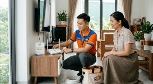 Nhân viên mạng FPT Nghệ An đang hỗ trợ khách hàng đăng ký lắp internet FPT tốc độ cao tại nhà