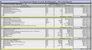 construction cost estimate worksheet