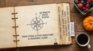 A map of the Twin Cities metro area and surrounding suburbs showing locations of major U-pick farms and orchards. The map is color-coded by harvest season: Phase 1 (Strawberries/June), Phase 2 (Blueberries/July), Phase 3 (Corn & Flowers/August), and Phase 4 (Apples & Pumpkins/Fall).