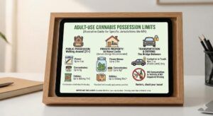 A photograph of a tablet computer resting in a wooden stand on a desk, displaying an educational infographic titled "ADULT-USE CANNABIS POSSESSION LIMITS (Illustrative Guide for Specific Jurisdictions like MN)". The infographic is split into three column sections with icons. The left section, "PUBLIC POSSESSION: Walking Around (21+)", shows a backpack icon and lists limits: "Flower: Up to 2 oz", "Concentrates: Up to 8g", and "Edibles: Up to 800mg THC". The middle section, "PRIVATE PROPERTY: At Home Limits", shows a house icon and lists "Flower Bonus: Up to 2 lbs", alongside standard concentrate and edible limits, noting "Secure Storage Recommended". The right section, "TRANSPORTATION & DRIVING: The Bridge Between", shows a car icon and states cannabis must be "Locked or in Trunk" (max 2 oz public limit only) and features a "NO Consumption" symbol. Disclaimers about location dependence and federal law are at the bottom of the screen.