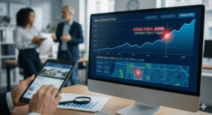 A desktop computer screen in a real estate office displays a line graph with a red point labeled "STRIKE PRICE: $425k (Multiple Offers Trigger)" and a map showing "HYPER-LOCAL DATA: BLAINE, MN STREET-LEVEL." In the foreground, a person's hands use a tablet displaying a real estate app with property photos. A magnifying glass rests on a document. In the background, two people are in conversation.