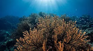 Black coral forest underwater Limasawa Island Philippines with golden polyps