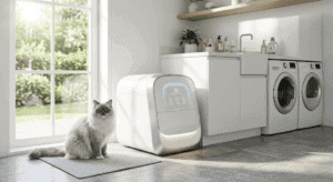 A sleek white smart cat litter box placed in a clean, modern laundry room.