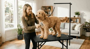 A woman brushing a golden retriever on a professional dog grooming table for home use.