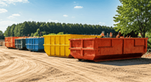 Line-of-dumpsters-at-construction-site
