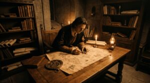 Cristóbal Colón analiza uno de sus mapas secretos.
