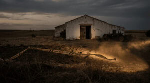Portada histórica sobre Los Galindos, con un cortijo sevillano, cinta policial, tierra removida y luz dramática en un paisaje rural oscuro.