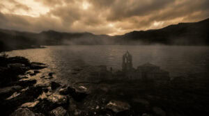 Portada histórica del lago de Sanabria con niebla, montañas oscuras y la insinuación de un pueblo hundido bajo el agua.