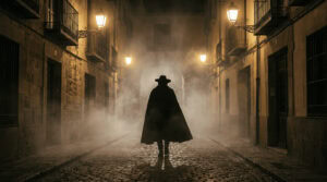 Figura embozada con capa oscura caminando por una calle histórica española entre niebla y faroles dorados.