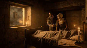 Escena histórica del supuesto milagro de Calanda, con una habitación iluminada por velas, familiares sorprendidos y una atmósfera religiosa de misterio.