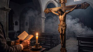 Imagen de un crucifijo en el interior de una iglesia tenuemente iluminada por velas, evocando los testimonios de 1919 sobre el Cristo de Limpias.