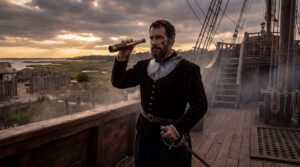 Pedro Menéndez de Avilés observando la costa de La Florida desde un galeón en el siglo XVI, imagen de portada de Crónica Hispana.