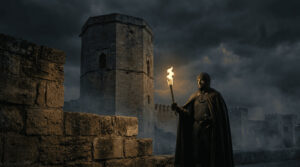 Caballero medieval con antorcha frente a la Torre de la Malmuerta en Córdoba durante una noche oscura.