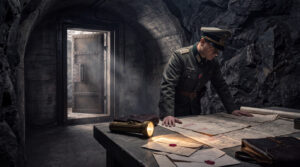Oficial militar revisando planos en el interior de un refugio de hormigón y roca volcánica durante la Segunda Guerra Mundial.