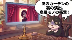 「ペントハウス2」のすり替え劇に衝撃を受け、PC画面を凝視する白黒タキシード猫のイラスト。吹き出しに「あのカーテンの裏の演出、鳥肌モノの衝撃！」の太文字。画面には赤いカーテンと不敵に笑うオ・ユニ。執筆者の鳥肌が立つ視聴体験を視覚化。