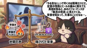 ジェニのダンス手抜き・やる気ない論争の真相を、天秤を用いて「世間の批判」と「怪我や告白などの背景」の両面から分析するブログ「韓流アトリエ」のマスコット猫のイラスト図解。