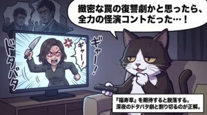 韓国ドラマ「魔女は生きている」を鑑賞し「緻密な罠の復讐劇かと思ったら、全力の怪演コントだった…！」と驚くアトリエ猫。「福寿草」を期待すると脱落するため深夜のドタバタ劇と割り切るのが正解という、筆者のリアルな視聴体験と助言を伝える単一パネル漫画。