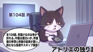 韓国ドラマ危険な約束を全104話見届けたアトリエ猫が、序盤の停滞と終盤4話延長の重さを振り返り、視聴時間を無駄にしないために倍速やスキップを活用した鑑賞法を読者に誠実提案する単一コマ漫画。