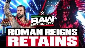 Roman Reigns celebrates retaining the World Heavyweight Championship against Penta on WWE RAW