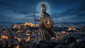 Афина с копьём и щитом стоит над ночными Афинами