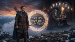 Взрослый Вали с луком на фоне заснеженных гор и младенец Вали с родителями Одином и Ринд.