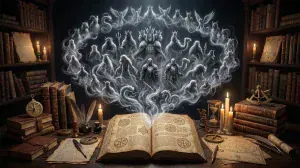 Ars Goetia — 72 духа Соломона над раскрытым гримуаром с магическими печатями.