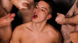 Blindfold stud takes orgy facial bukkake