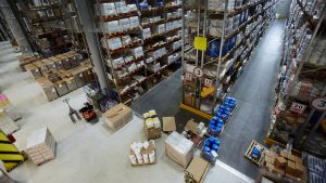 A warehouse full of boxes and buckets
