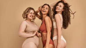 Three happy women of different body types